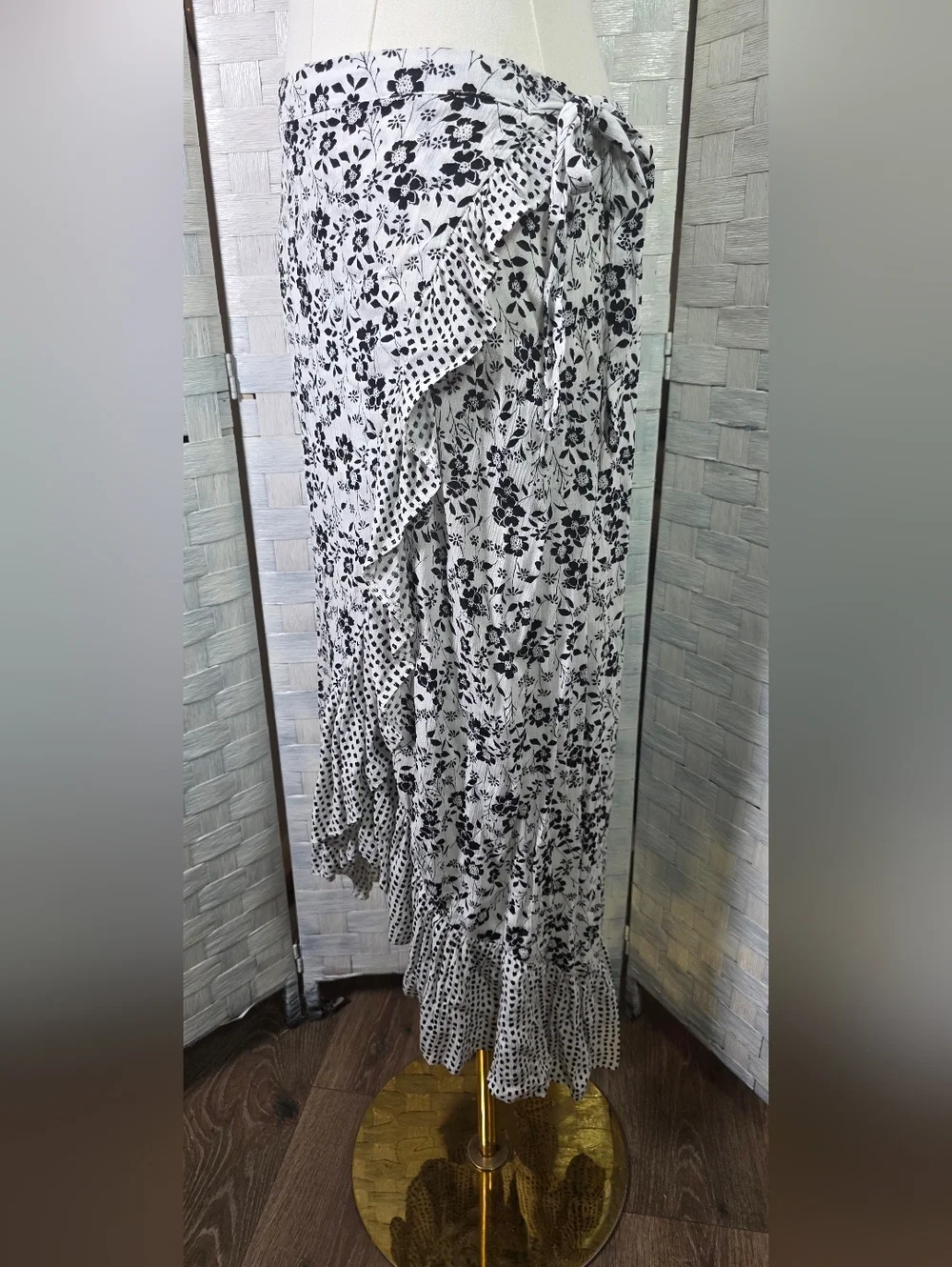 Maurices Black and White Asymmetrical Floral Ruffle Skirt